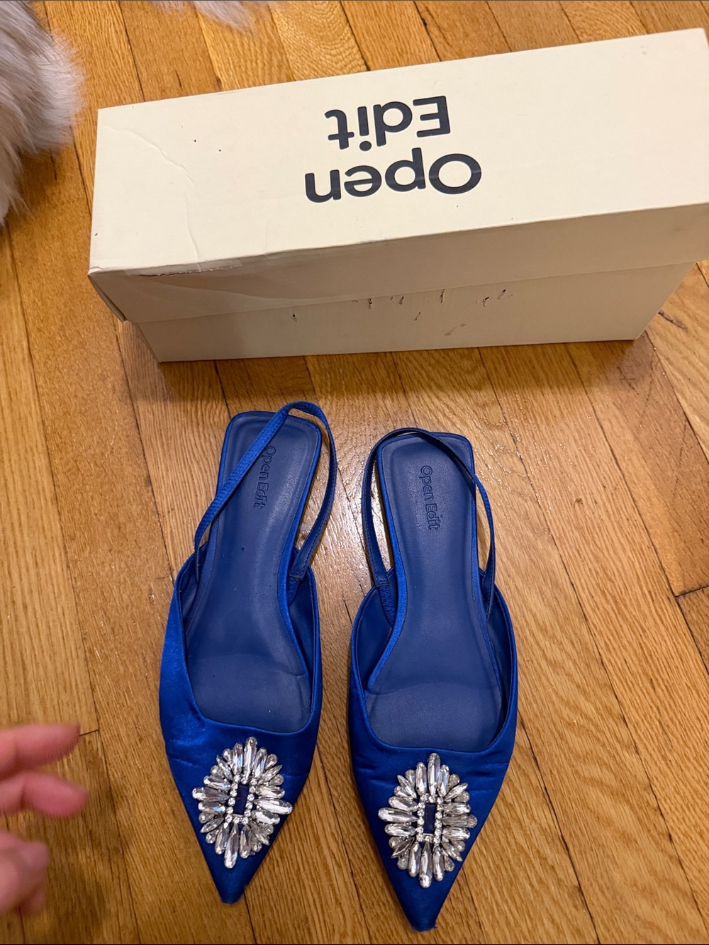 Open Edit Blue Embellished Satin Slingback Mules